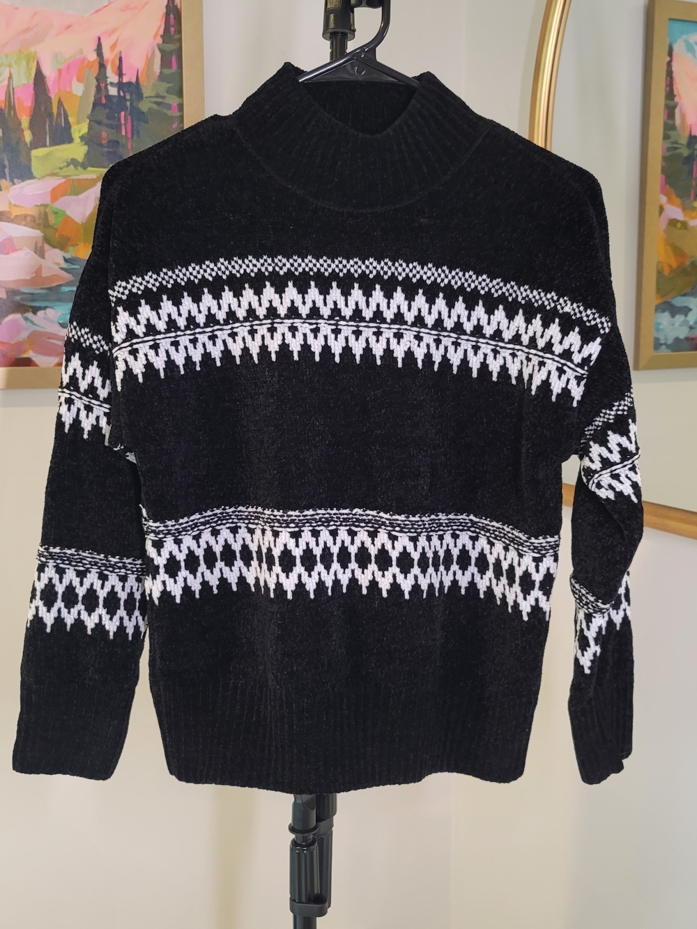 CHRISTIAN SIRIANO Chenille Knit Sweater Fair Isle Pattern Coastal Black White S